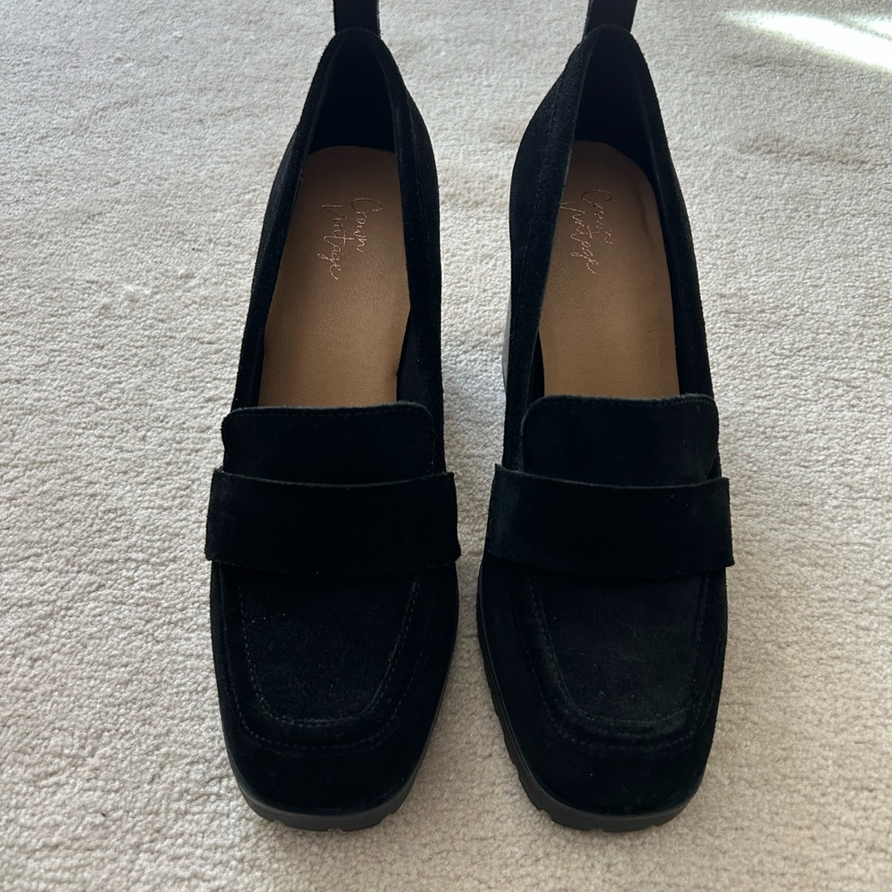 Crown Vintage Black Suede Penny Loafers with Square Toe